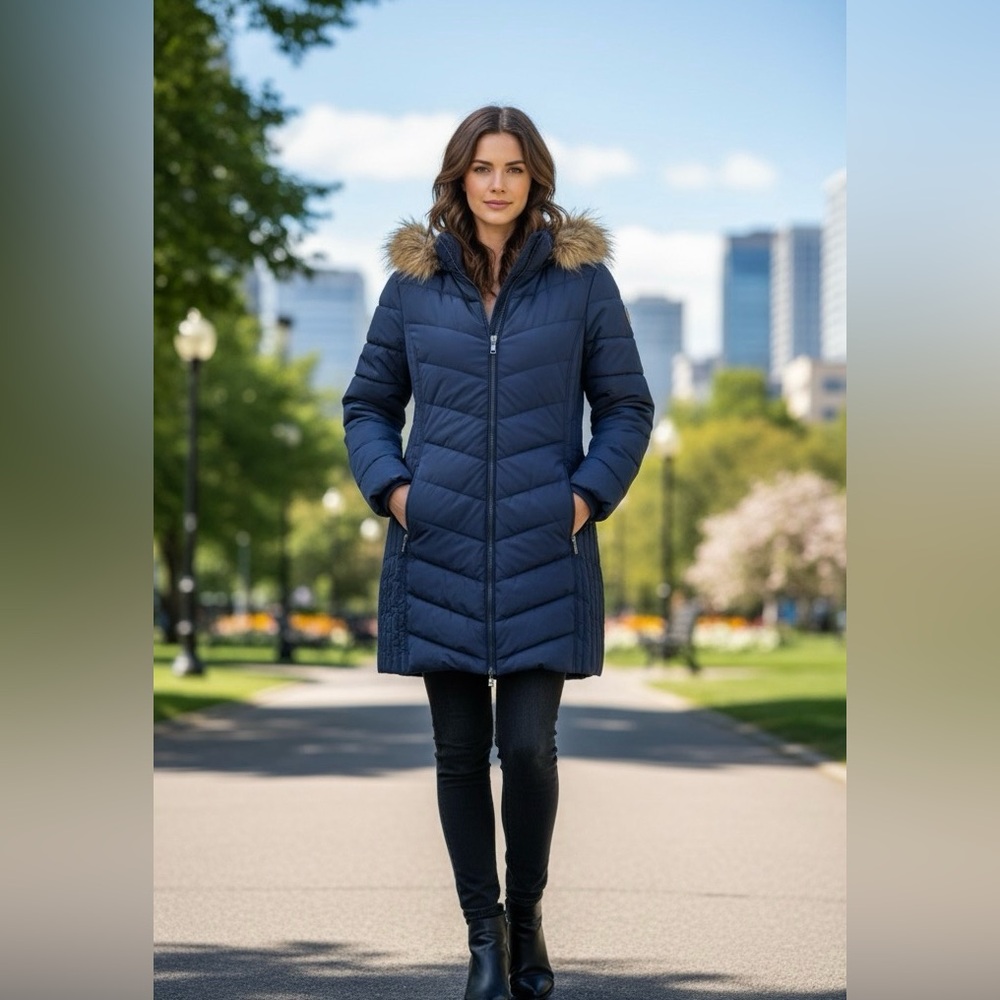 Tommy Hilfiger Navy Long Puffer Coat Faux Fur Hood Women’s L
